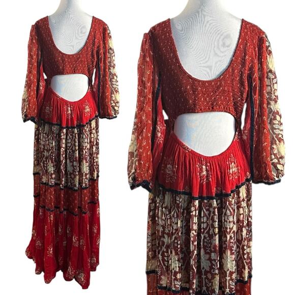 Free People Bohemian Gypsy Witchy Bali Laurel Maxi Dress Large Patchwork 70s - Picture 9 of 16